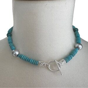 Turquoise Silver Beaded Necklace NEW! Handmade Choker Toggle Jewelry